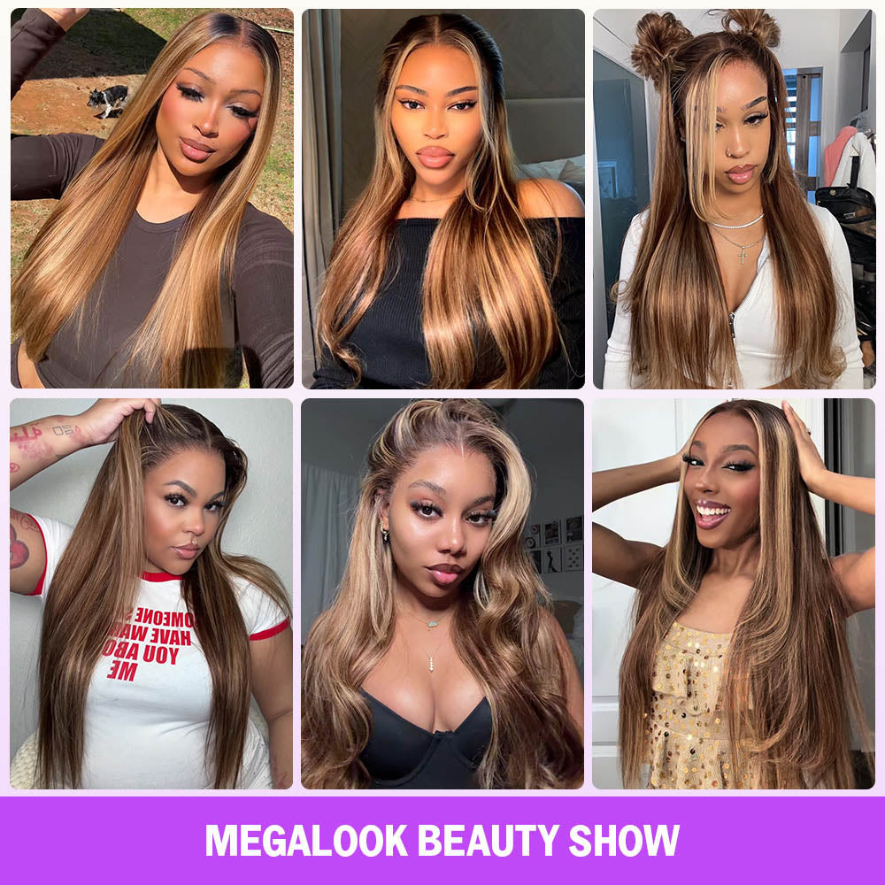Megalook 13x6 Three-Go™ Highlight Honey Blonde Glueless Wigs Silky Straight With Drawstring 100% Human Hair Wig