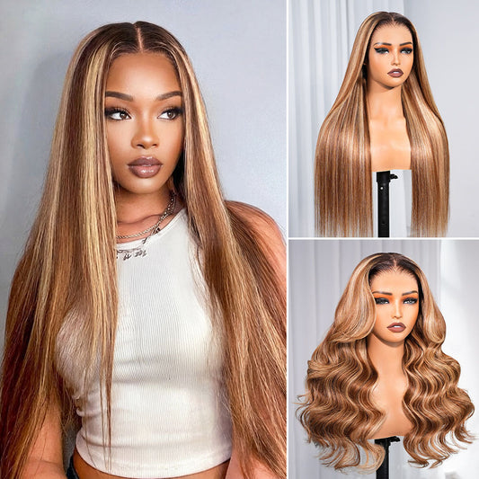 Megalook 13x6 Three-Go™ Highlight Honey Blonde Glueless Wigs Silky Straight With Drawstring 100% Human Hair Wig