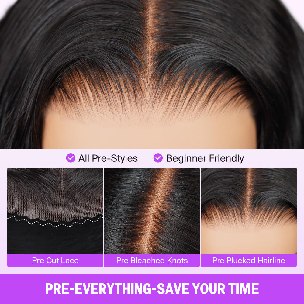 Megalook 6x5 Invisible Knots Short Body Wave Bob Wigs With Pre-Cut Lace Natural Hairline