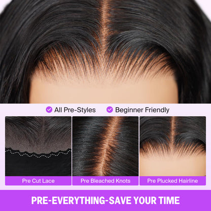 Megalook 6x5 Invisible Knots Short Body Wave Bob Wigs With Pre-Cut Lace Natural Hairline