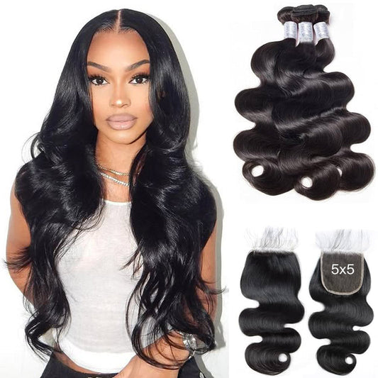 16-30 inch Brazilian Hair Body Wave 3 Bundles With 5x5 Lace Closure 100% Human Hair Extension