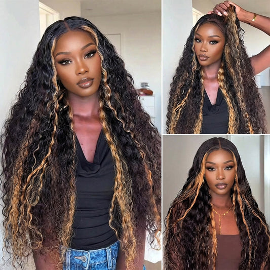 Megalook 13x6 Three-Go™ Honey Blonde Money Piece Glueless Wigs Bohemian Curl with Drawstring 100% Human Hair Wig