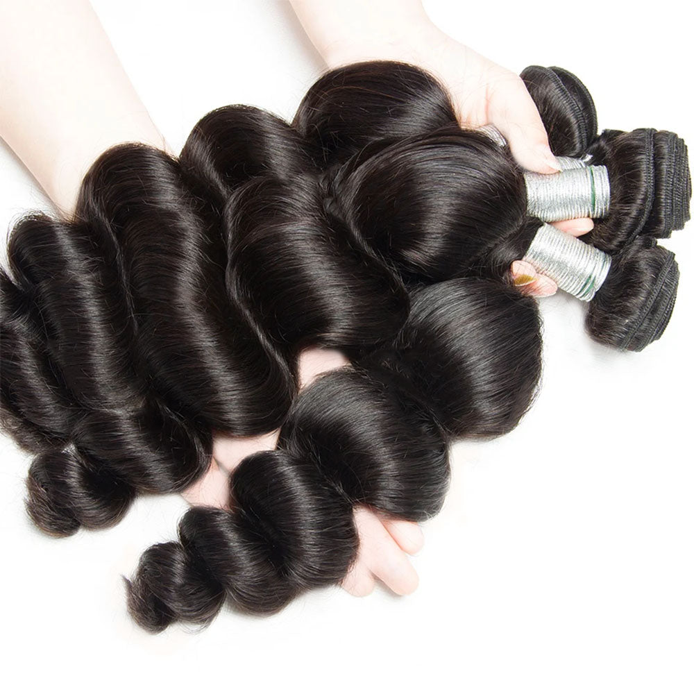Megalook 12A Grade Loose Wave 3/4 Bundles With 5x5 Closure Swiss Lace Brazilian Human Hair Extensions