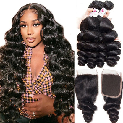 Megalook 12A Grade Loose Wave 3/4 Bundles With 5x5 Closure Swiss Lace Brazilian Human Hair Extensions