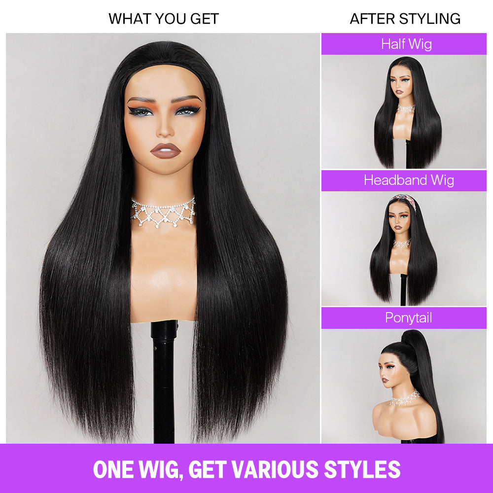 Megalook 3 in 1 Half Wig Glueless Body Wave Wigs With Drawstring Natural Black Beginner Friendly
