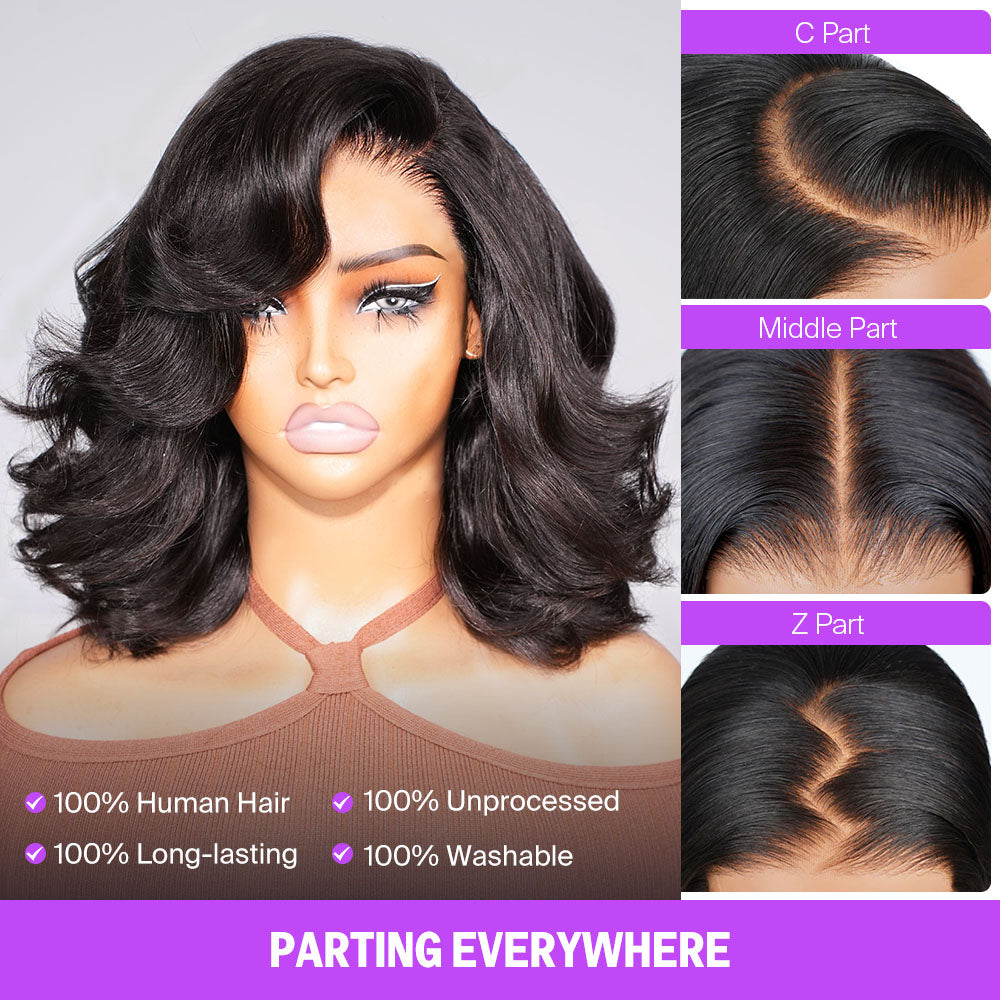 Megalook 6x5 Invisible Knots Short Body Wave Bob Wigs With Pre-Cut Lace Natural Hairline