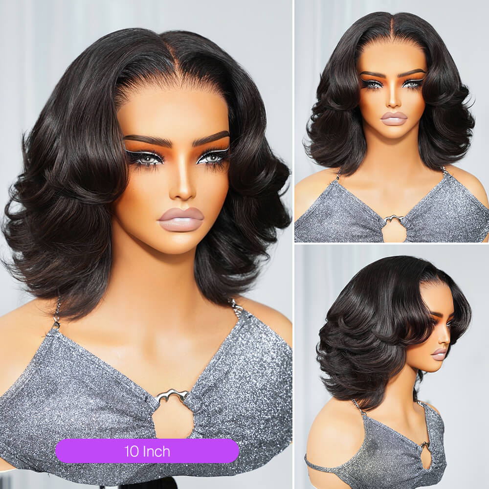 Megalook 6x5 Invisible Knots Short Body Wave Bob Wigs With Pre-Cut Lace Natural Hairline