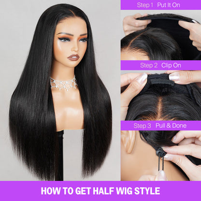 Megalook 3 in 1 Half Wig Glueless Body Wave Wigs With Drawstring Natural Black Beginner Friendly